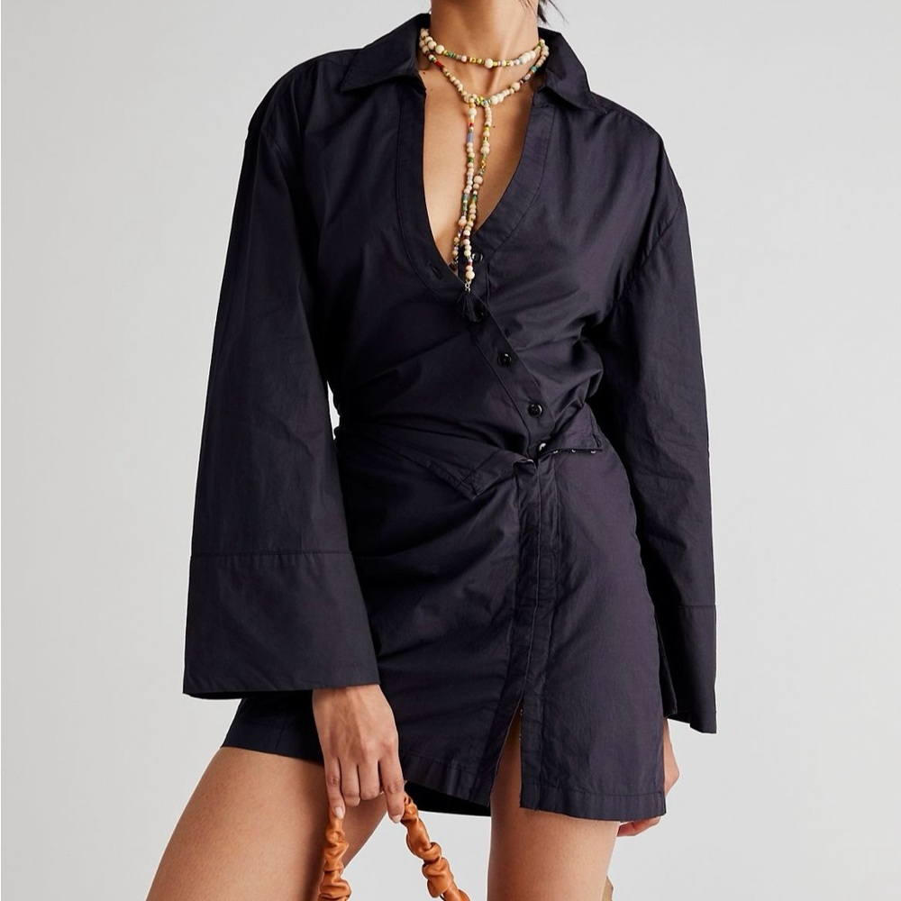 Free People Black Asymmetrical Button-Front Shirt Dress